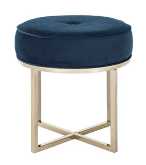 Safavieh Angelea Round Ottoman - Luxurious Velvet Accent With Sculptural Legs For Stylish Living Spaces Navy/Brass OTT6201B
