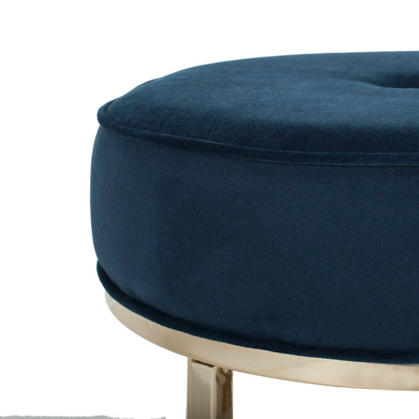 Safavieh Angelea Round Ottoman - Luxurious Velvet Accent With Sculptural Legs For Stylish Living Spaces Navy/Brass OTT6201B