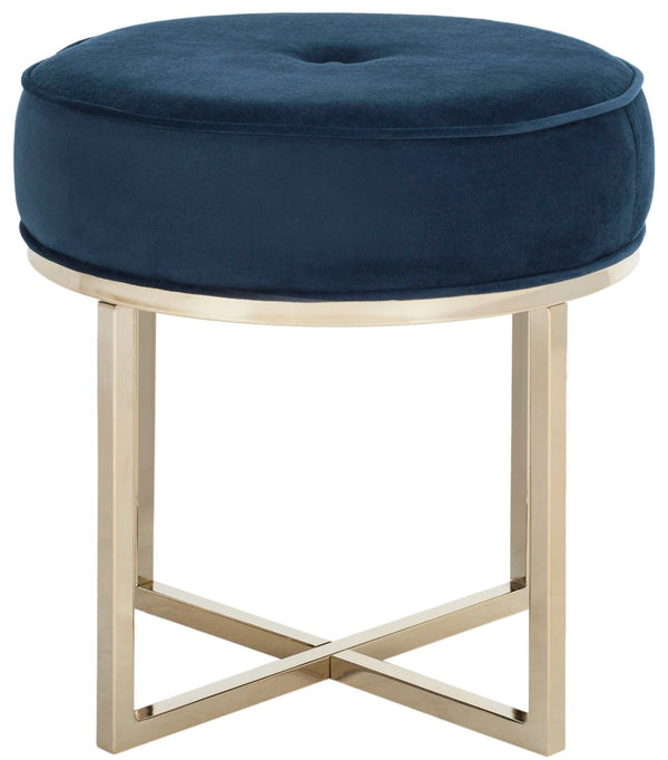 Safavieh Angelea Round Ottoman - Luxurious Velvet Accent With Sculptural Legs For Stylish Living Spaces Navy/Brass OTT6201B