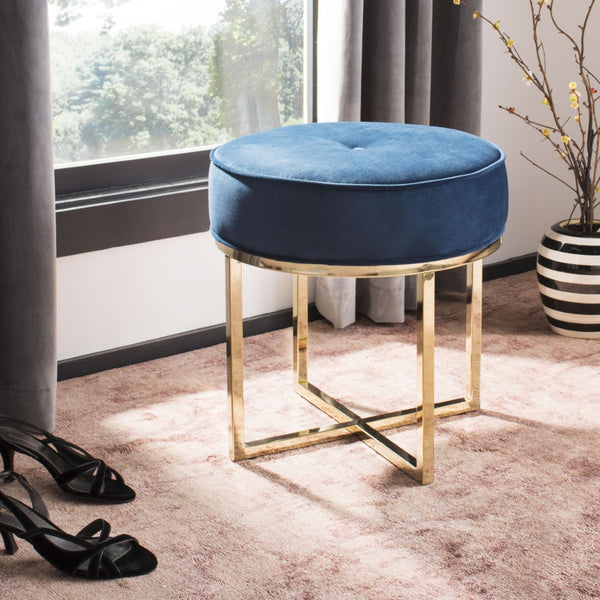Safavieh Angelea Round Ottoman - Luxurious Velvet Accent With Sculptural Legs For Stylish Living Spaces Navy/Brass OTT6201B