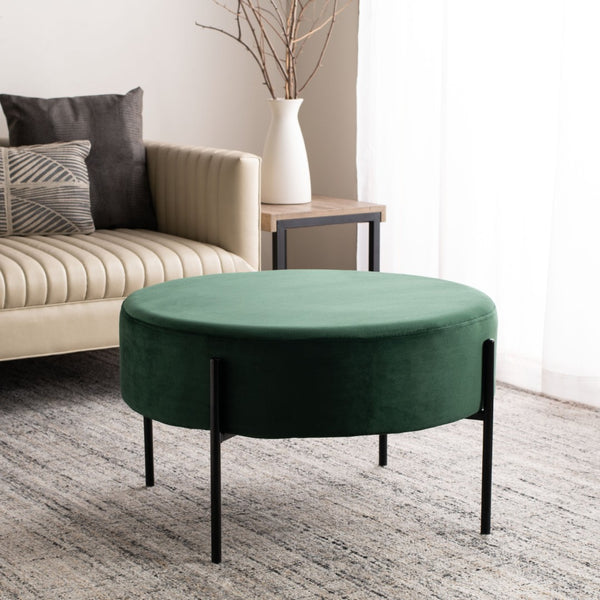 Safavieh Lisbon Round Cocktail Ottoman - Luxurious Velvet Accent For Modern Living Rooms, Multi-Use Design Malachite Green / Black OTT6203A