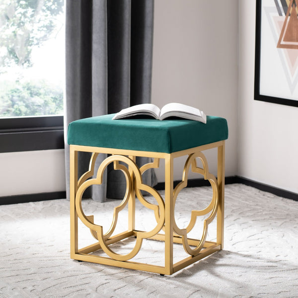 Safavieh Fleur Square Ottoman - Luxurious Emerald Velvet With Gold Quatrefoil Base For Glamorous Interiors OTT6205B