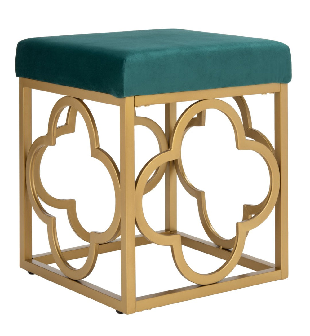 Safavieh Fleur Square Ottoman - Luxurious Emerald Velvet With Gold Quatrefoil Base For Glamorous Interiors OTT6205B