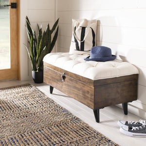 Safavieh Liam Modern Tufted Cocktail Ottoman With Hidden Storage – Stylish Seating & Serving Solution For Any Space Light Beige / Dark Oak OTT6400A