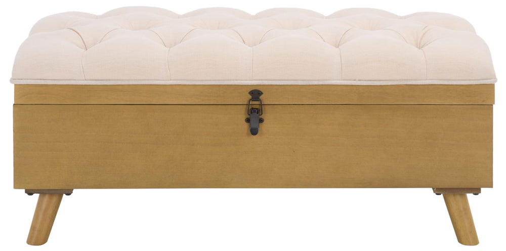 Safavieh Liam Button Tufted Storage Ottoman Linen Upholstery Wood Base Living Room Accent Natural OTT6400D