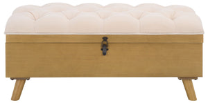 Safavieh Liam Button Tufted Storage Ottoman Linen Upholstery Wood Base Living Room Accent Natural OTT6400D