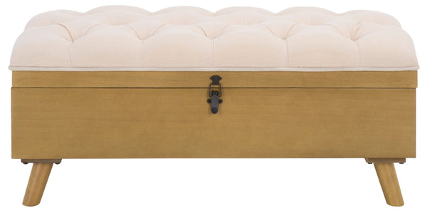 Safavieh Liam Button Tufted Storage Ottoman Linen Upholstery Wood Base Living Room Accent Natural OTT6400D