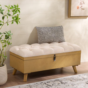 Safavieh Liam Button Tufted Storage Ottoman Linen Upholstery Wood Base Living Room Accent Natural OTT6400D