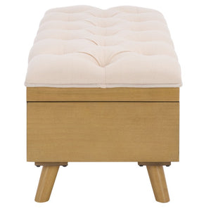 Safavieh Liam Button Tufted Storage Ottoman Linen Upholstery Wood Base Living Room Accent Natural OTT6400D