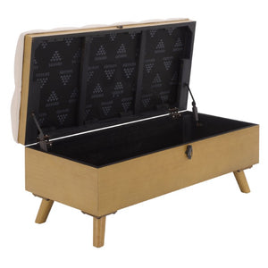 Safavieh Liam Button Tufted Storage Ottoman Linen Upholstery Wood Base Living Room Accent Natural OTT6400D