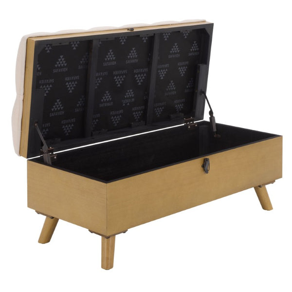 Safavieh Liam Button Tufted Storage Ottoman Linen Upholstery Wood Base Living Room Accent Natural OTT6400D