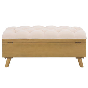 Safavieh Liam Button Tufted Storage Ottoman Linen Upholstery Wood Base Living Room Accent Natural OTT6400D