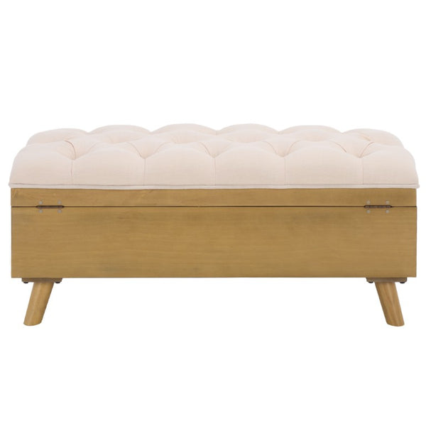 Safavieh Liam Button Tufted Storage Ottoman Linen Upholstery Wood Base Living Room Accent Natural OTT6400D