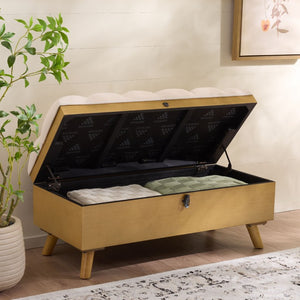 Safavieh Liam Button Tufted Storage Ottoman Linen Upholstery Wood Base Living Room Accent Natural OTT6400D