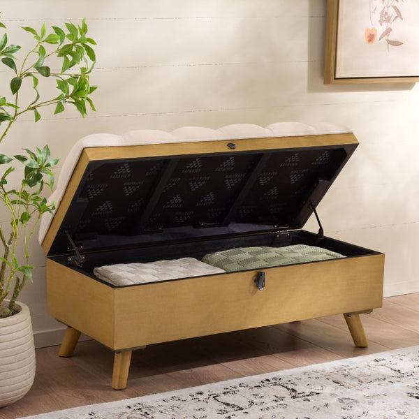 Safavieh Liam Button Tufted Storage Ottoman Linen Upholstery Wood Base Living Room Accent Natural OTT6400D