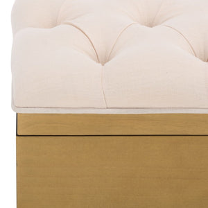 Safavieh Liam Button Tufted Storage Ottoman Linen Upholstery Wood Base Living Room Accent Natural OTT6400D