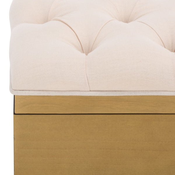 Safavieh Liam Button Tufted Storage Ottoman Linen Upholstery Wood Base Living Room Accent Natural OTT6400D