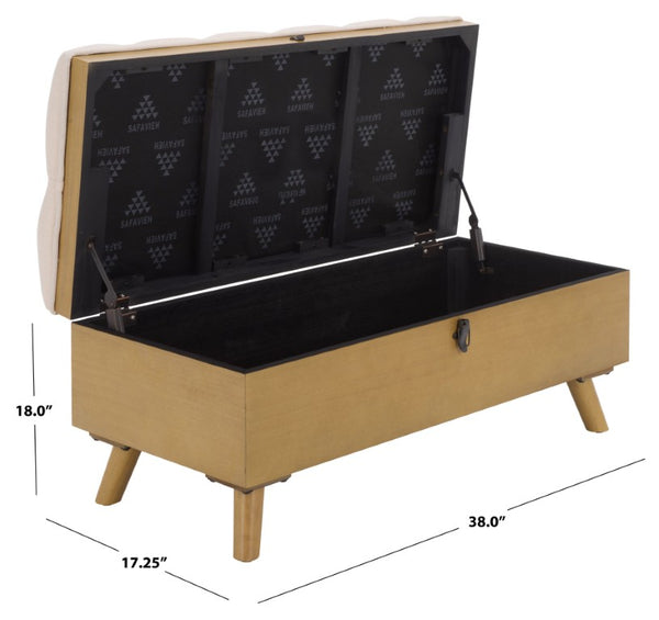 Safavieh Liam Button Tufted Storage Ottoman Linen Upholstery Wood Base Living Room Accent Natural OTT6400D