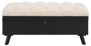 Safavieh Liam Button Tufted Storage Ottoman Linen Upholstery Wood Base Living Room Accent Black OTT6400E