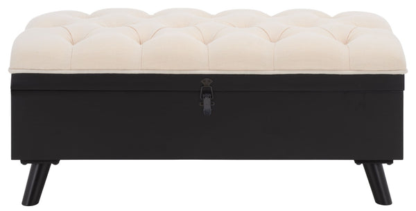 Safavieh Liam Button Tufted Storage Ottoman Linen Upholstery Wood Base Living Room Accent Black OTT6400E
