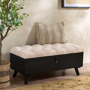 Safavieh Liam Button Tufted Storage Ottoman Linen Upholstery Wood Base Living Room Accent Black OTT6400E