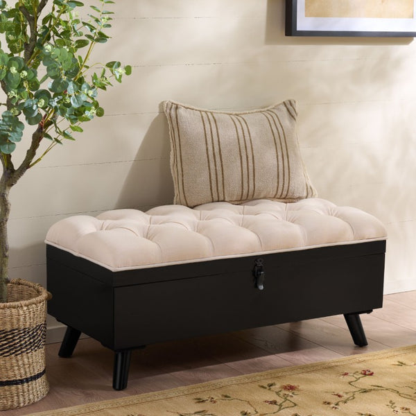 Safavieh Liam Button Tufted Storage Ottoman Linen Upholstery Wood Base Living Room Accent Black OTT6400E