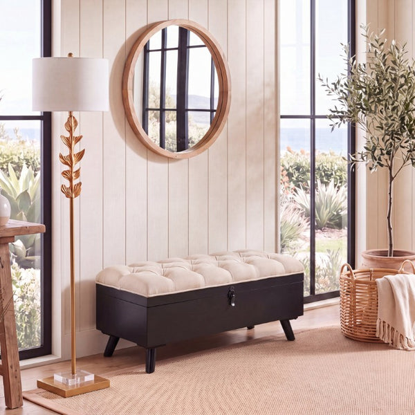 Safavieh Liam Button Tufted Storage Ottoman Linen Upholstery Wood Base Living Room Accent Black OTT6400E