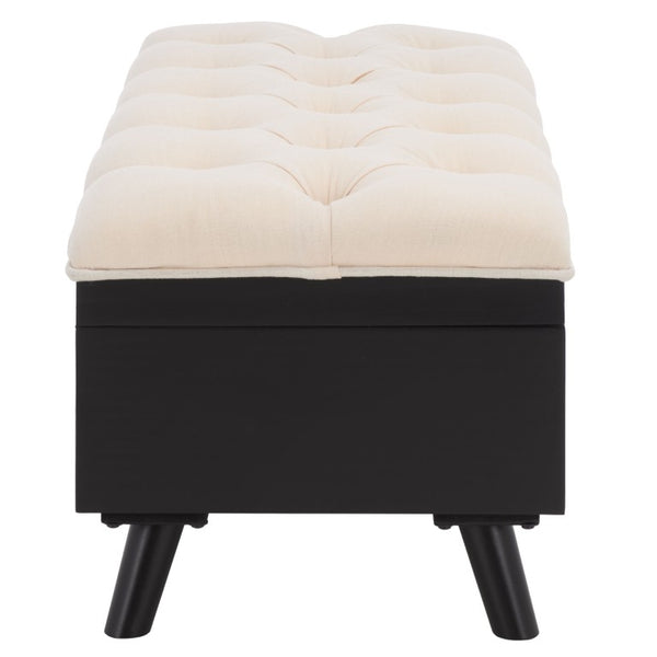 Safavieh Liam Button Tufted Storage Ottoman Linen Upholstery Wood Base Living Room Accent Black OTT6400E