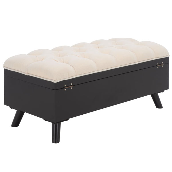 Safavieh Liam Button Tufted Storage Ottoman Linen Upholstery Wood Base Living Room Accent Black OTT6400E