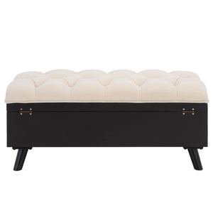 Safavieh Liam Button Tufted Storage Ottoman Linen Upholstery Wood Base Living Room Accent Black OTT6400E