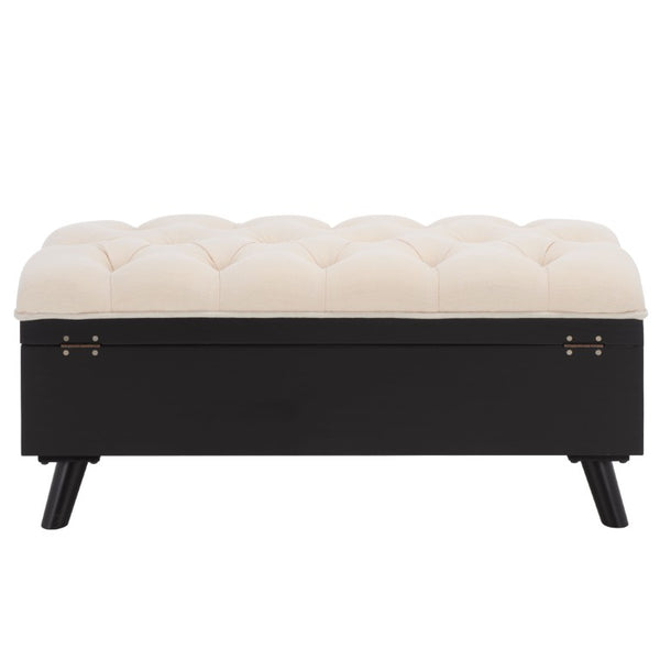 Safavieh Liam Button Tufted Storage Ottoman Linen Upholstery Wood Base Living Room Accent Black OTT6400E