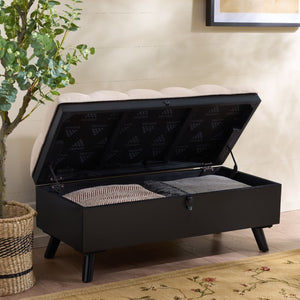 Safavieh Liam Button Tufted Storage Ottoman Linen Upholstery Wood Base Living Room Accent Black OTT6400E