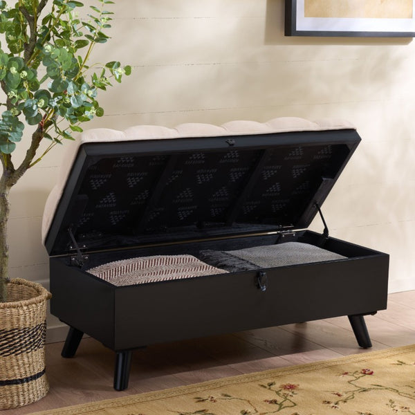 Safavieh Liam Button Tufted Storage Ottoman Linen Upholstery Wood Base Living Room Accent Black OTT6400E