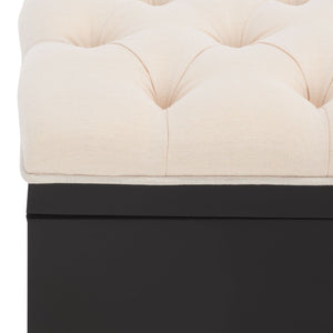 Safavieh Liam Button Tufted Storage Ottoman Linen Upholstery Wood Base Living Room Accent Black OTT6400E