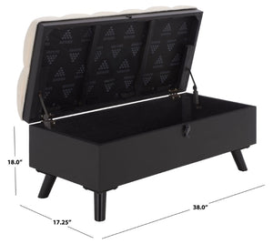 Safavieh Liam Button Tufted Storage Ottoman Linen Upholstery Wood Base Living Room Accent Black OTT6400E
