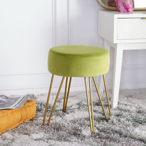Safavieh Abrea Round Ottoman - Plush Velvet Accent With Open Hairpin Legs For Stylish Seating & Footrest Pear/Gold OTT7500A
