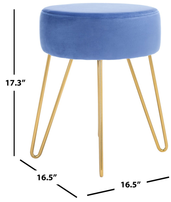 Safavieh Abrea Round Ottoman - Plush Velvet Accent With Open Hairpin Legs For Stylish Seating & Footrest Steel Blue / Gold OTT7500B