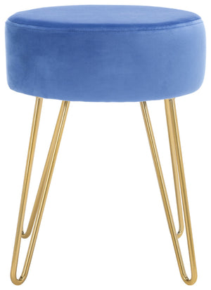 Safavieh Abrea Round Ottoman - Plush Velvet Accent With Open Hairpin Legs For Stylish Seating & Footrest Steel Blue / Gold OTT7500B
