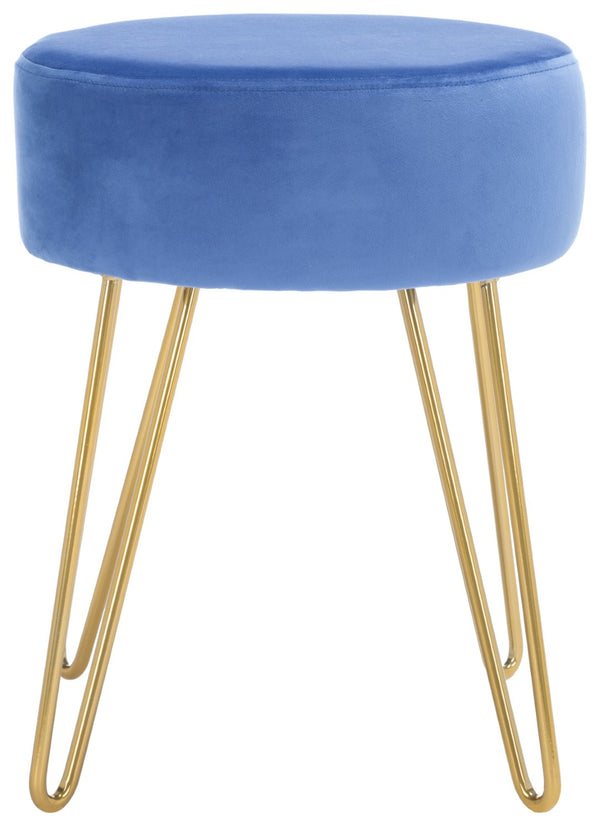 Safavieh Abrea Round Ottoman - Plush Velvet Accent With Open Hairpin Legs For Stylish Seating & Footrest Steel Blue / Gold OTT7500B