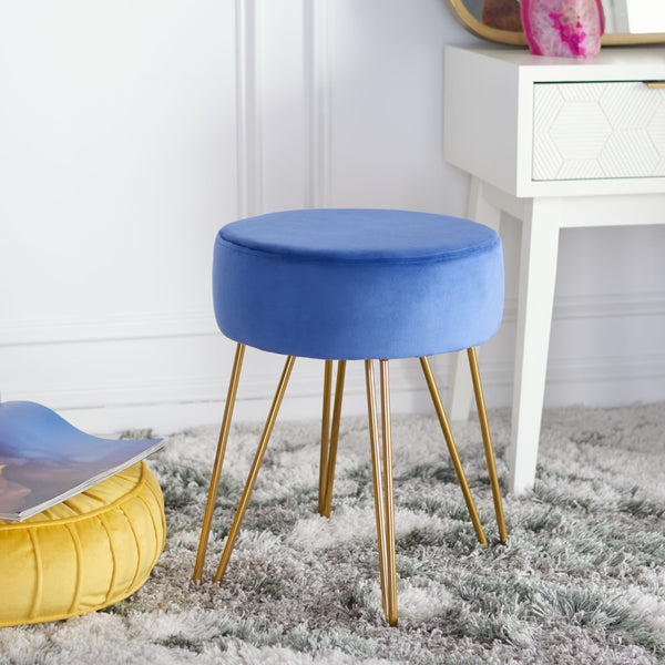 Safavieh Abrea Round Ottoman - Plush Velvet Accent With Open Hairpin Legs For Stylish Seating & Footrest Steel Blue / Gold OTT7500B
