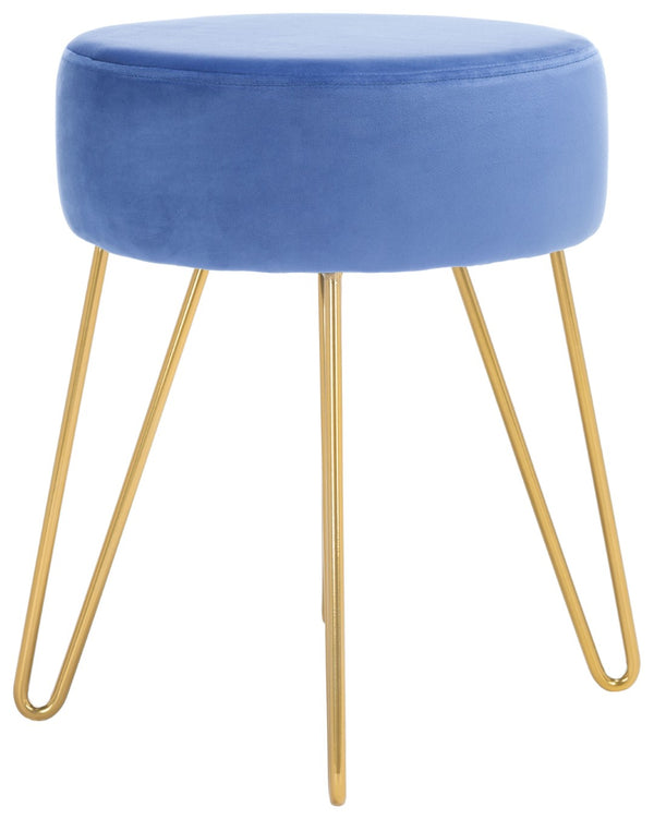 Safavieh Abrea Round Ottoman - Plush Velvet Accent With Open Hairpin Legs For Stylish Seating & Footrest Steel Blue / Gold OTT7500B