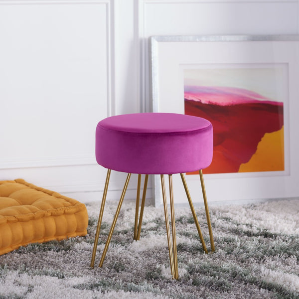 Safavieh Abrea Round Ottoman - Plush Velvet Accent With Open Hairpin Legs For Stylish Seating & Footrest Boysenberry / Gold OTT7500C