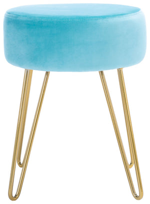 Safavieh Abrea Round Ottoman - Plush Velvet Accent With Open Hairpin Legs For Stylish Seating & Footrest Aqua / Gold OTT7500D