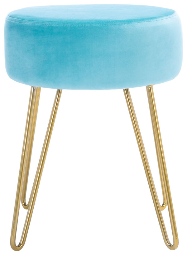 Safavieh Abrea Round Ottoman - Plush Velvet Accent With Open Hairpin Legs For Stylish Seating & Footrest Aqua / Gold OTT7500D