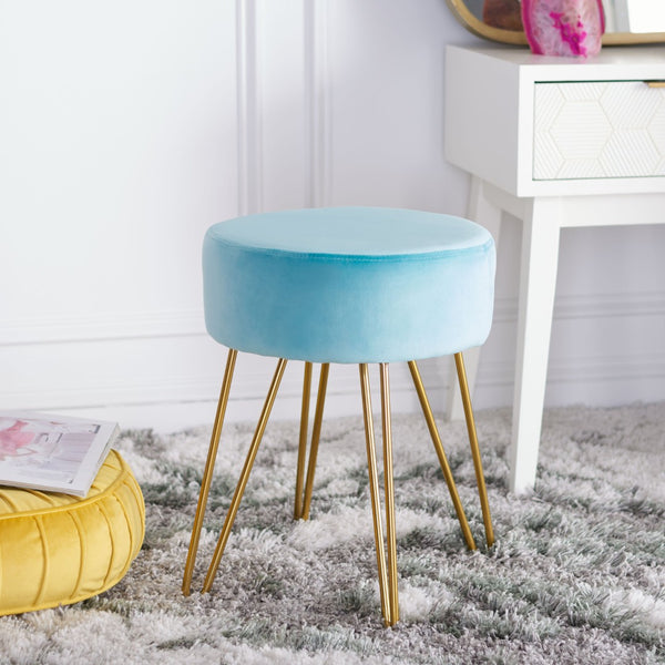 Safavieh Abrea Round Ottoman - Plush Velvet Accent With Open Hairpin Legs For Stylish Seating & Footrest Aqua / Gold OTT7500D