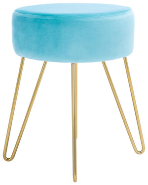 Safavieh Abrea Round Ottoman - Plush Velvet Accent With Open Hairpin Legs For Stylish Seating & Footrest Aqua / Gold OTT7500D