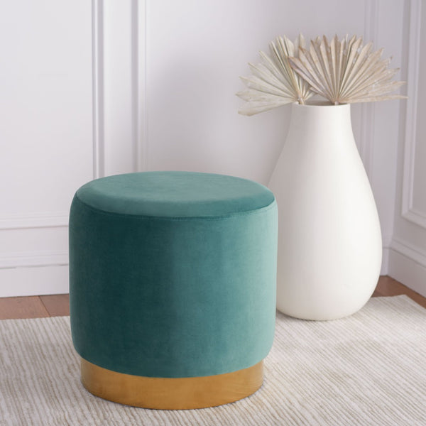 Safavieh Azai Round Ottoman - Chic Velvet Accent For Modern Glam Living Spaces, Versatile Footrest & Seating Seafoam / Gold OTT7501B