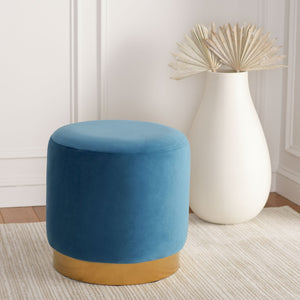 Safavieh Azai Round Ottoman - Chic Velvet Accent For Modern Glam Living Spaces, Versatile Footrest & Seating Sky Blue / Gold OTT7501C
