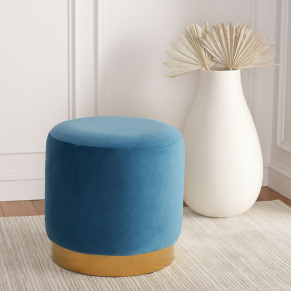 Safavieh Azai Round Ottoman - Chic Velvet Accent For Modern Glam Living Spaces, Versatile Footrest & Seating Sky Blue / Gold OTT7501C