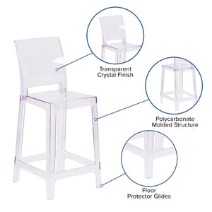 English Elm Emilie Ghost Counter Stool - Modern Transparent Crystal Design for Dining, Bar, and Patio Use OW-SQUAREBACK-24-GG